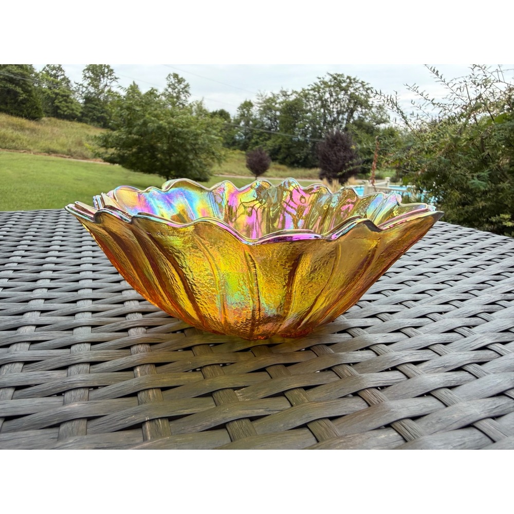 Vintage Marigold Carnival Glass Bowl Iridescent Scalloped Sunflower 7.5 Inch